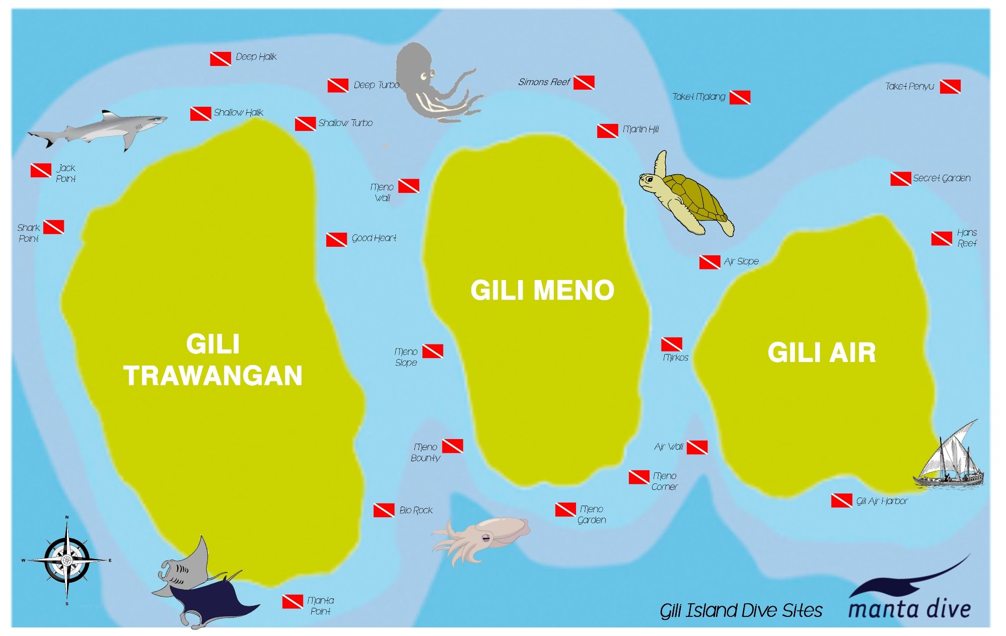 All Dive spots Gili islands info - Private Indonesia roundtrips Merapi